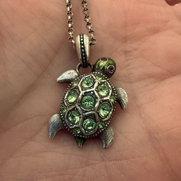 RARE Brighton Turtle Pendant Necklace Green Crystals Silver Plated Chain Adjust. - Picture 4 of 11